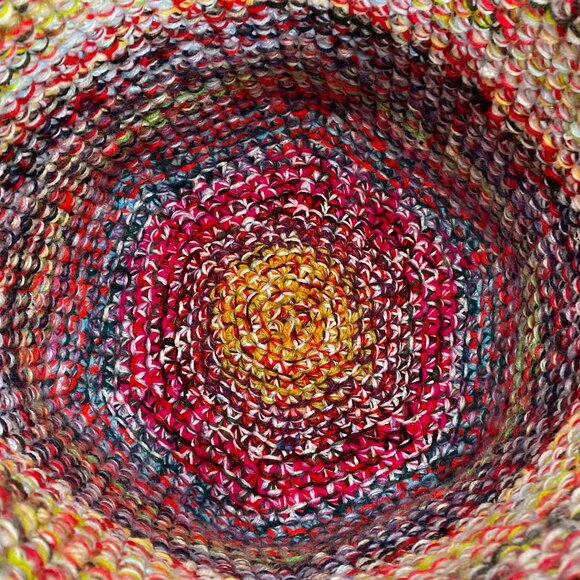 Hand Crochet Multicolor Double Handle Scrap Yarn Storage Basket 12"x13" - Picture 3 of 6